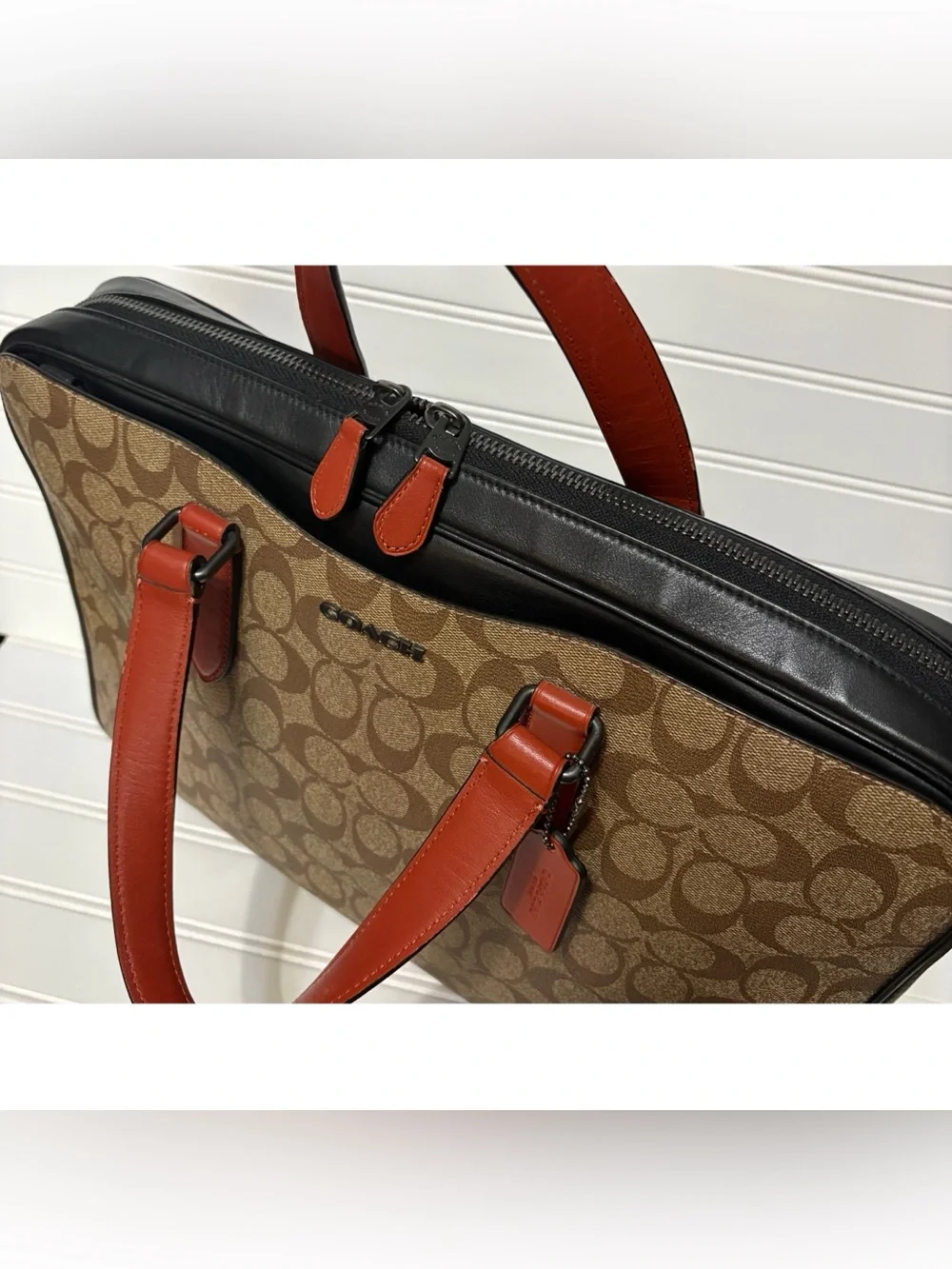 COACH Graham Slim Brief Colorblock Brown Signature Canvas Briefcase Bag No Strap